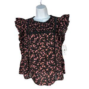 Jessica Simpson Womens Sleeveless Ruffle Blouse XS Black Floral Lace Accents Top